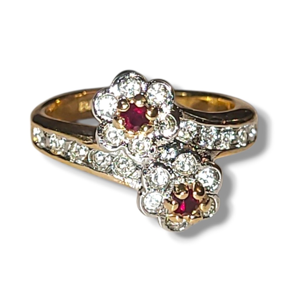 Vintage 18K HGE CZ Red Ruby Color Flower Bypass Ring Gold Tone Statement Sz  4